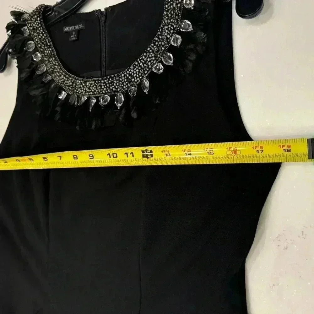 NWOT Lafayette 148 Black Stretch Ponte Knit Beads & Feathers Neckline Dress 8 - Picture 3 of 11